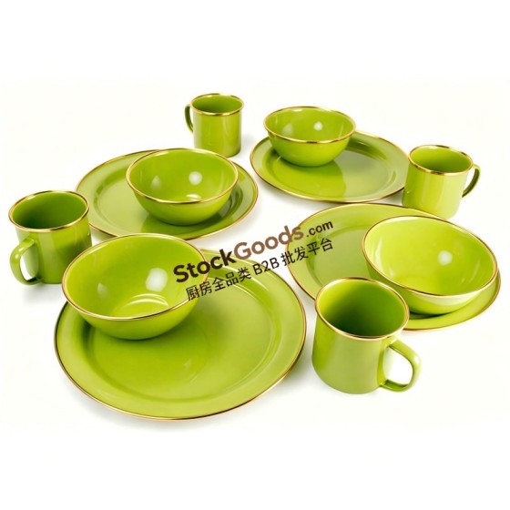 Enamel Camping Tableware Set, 4pcs 9cm Mugs + 4pcs 15cm Bowls + 4pcs 24cm Plates, Gold Stainless Steel Rim, 15 Colors Available